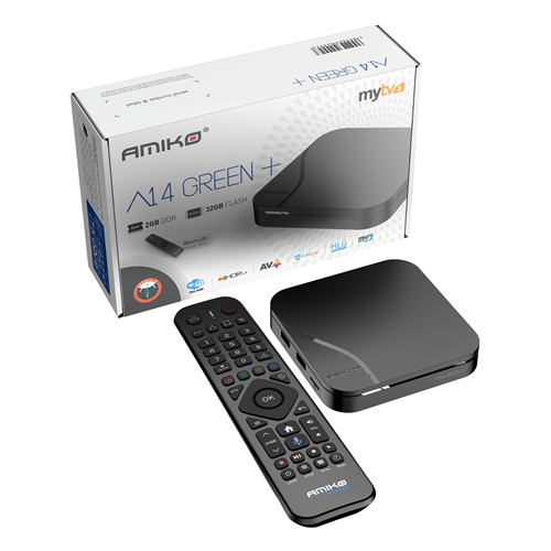 Amiko A14 GREEN+ | MYTV3 | 2GB + 32GB | DUAL BAND WiFi | BACKLIT BLUETOOTH VOICE REMOTE Amiko A14 GREEN+ | MYTV3 | 2GB + 32GB | DUAL BAND WiFi | BACKLIT BLUETOOTH VOICE REMOTE
